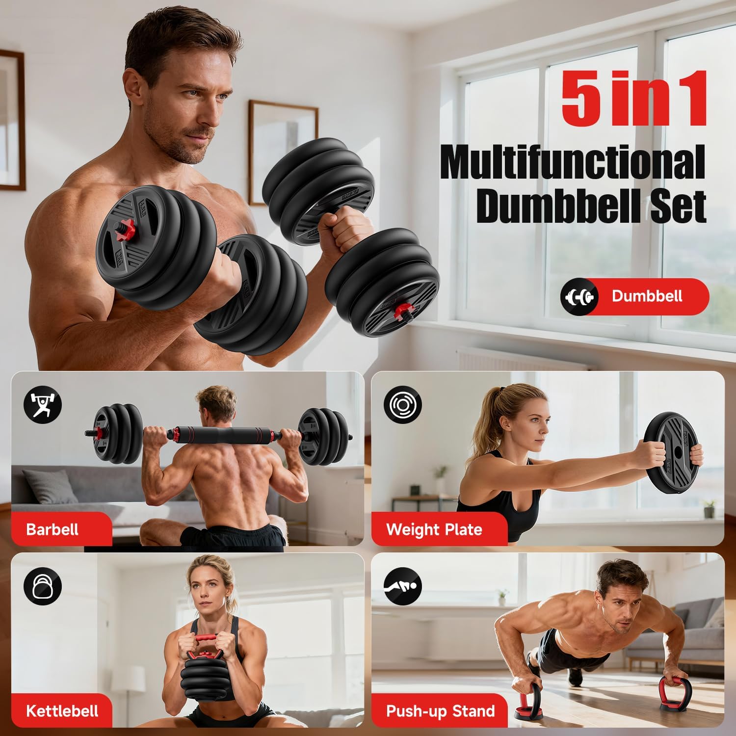 5-in-1 Adjustable Dumbbell Set 20/30/45/70/90lbs - Free Weights Set with Barbell, Kettlebell & Push Up Stand - Image 2