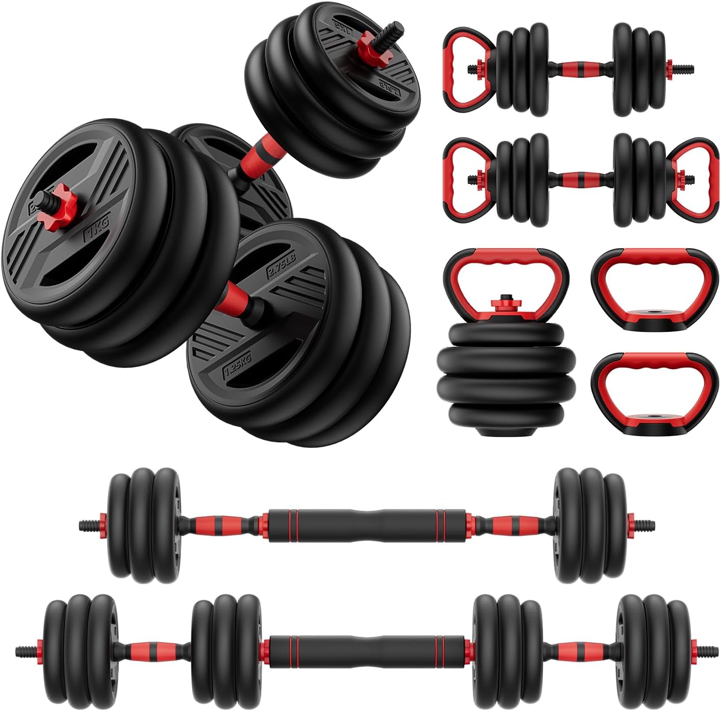5-in-1 adjustable dumbbell set with barbell connector bar, kettlebell handle, and weight plates