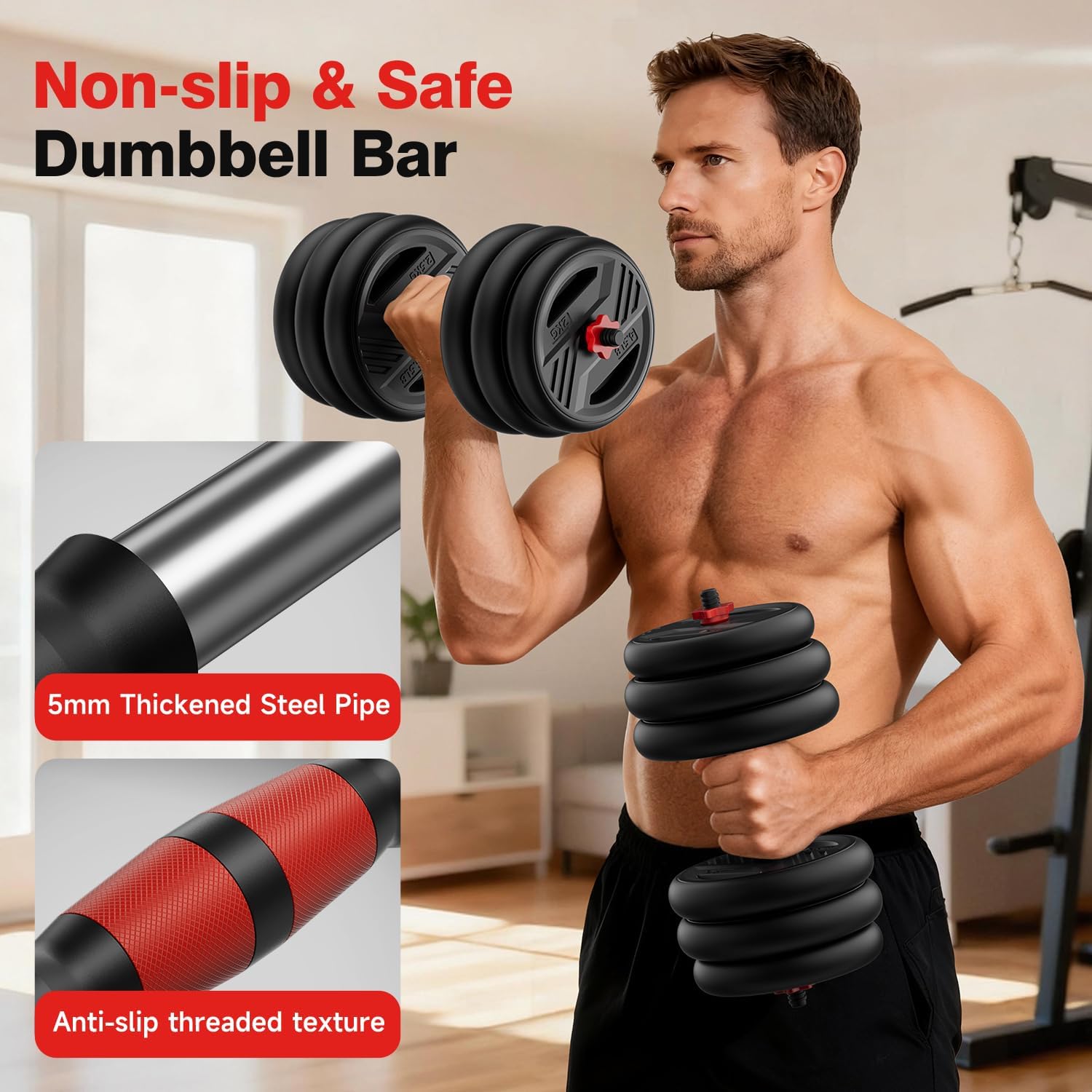 5-in-1 Adjustable Dumbbell Set 20/30/45/70/90lbs - Free Weights Set with Barbell, Kettlebell & Push Up Stand - Image 4